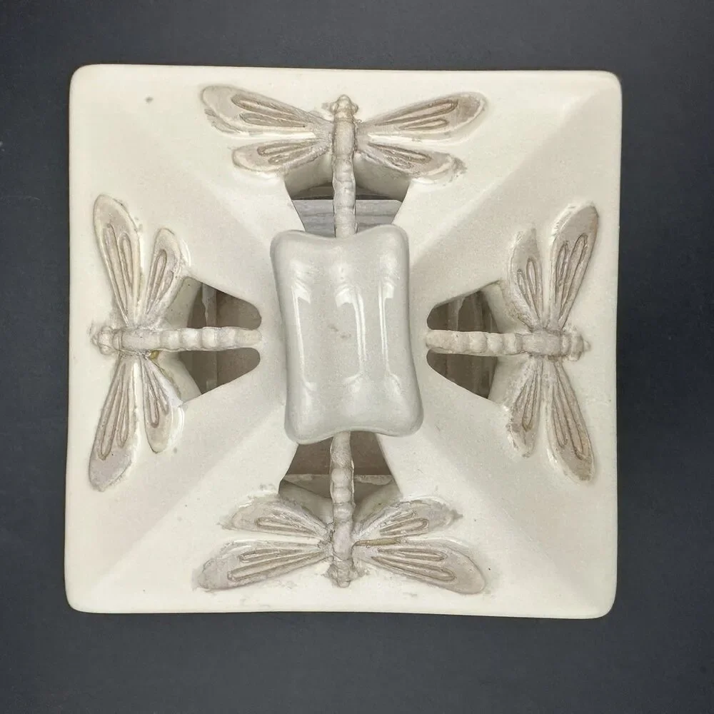 VTG Yankee Candle Stoneware Pagoda Tea Light Holder Dragonfly Ceramic Lantern 4”